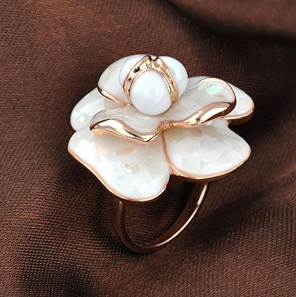 Blooming Flower Statement Ring with Rose Gold Finish and Enamel Petals - Picture 2 of 5